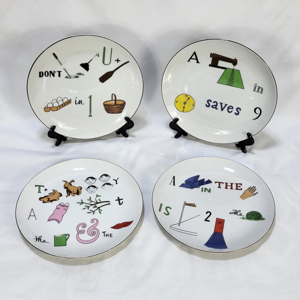 Vintage Rebus Puzzle Plates Set of 4 Proverbs Word Game Ceramic Gold Rim Novelty